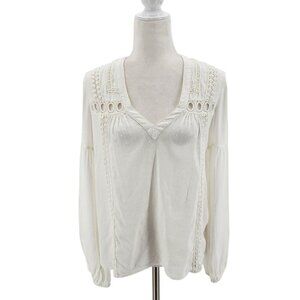 By Anthropologie Lace-Trimmed Textured Blouse Ivory Balloon Sleeve Top Small